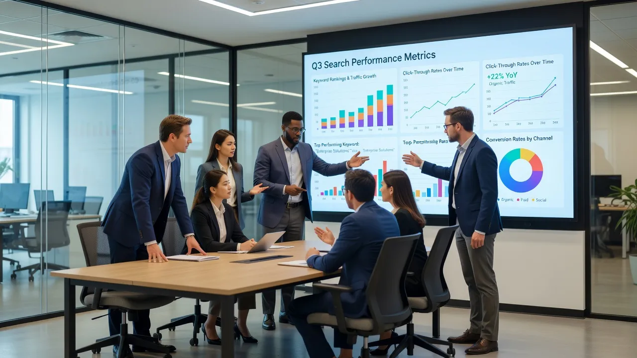 Business team reviewing content strategy metrics and SEO search engine analytics.