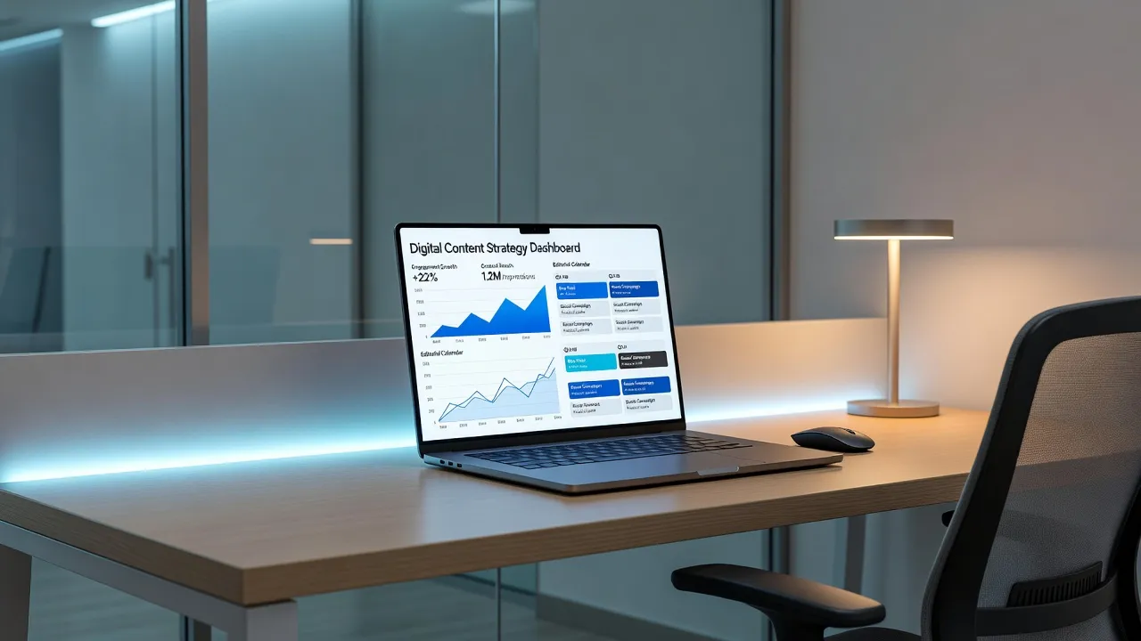 Digital dashboard showing content strategy analytics and publishing calendars.
