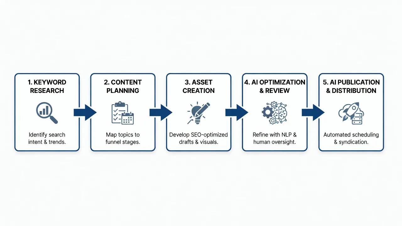 Modern content strategy workflow diagram detailing keyword discovery and automated publishing.