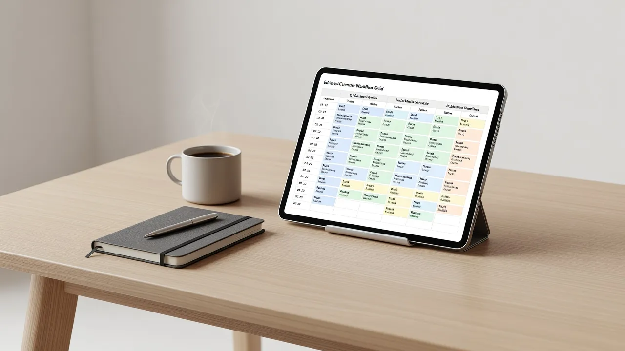 Content strategy template editorial calendar blueprint displayed on a tablet.