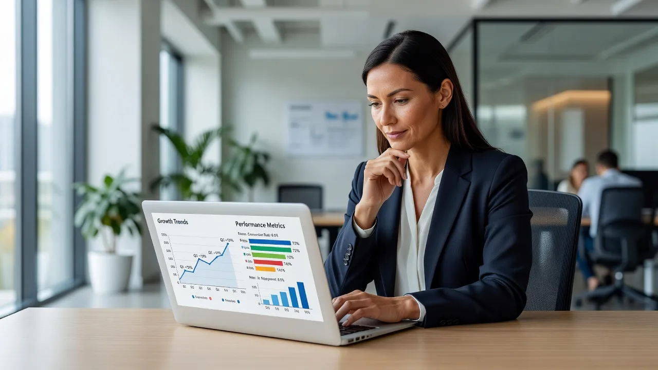 Marketer evaluating content marketing strategy performance metrics on a laptop screen.