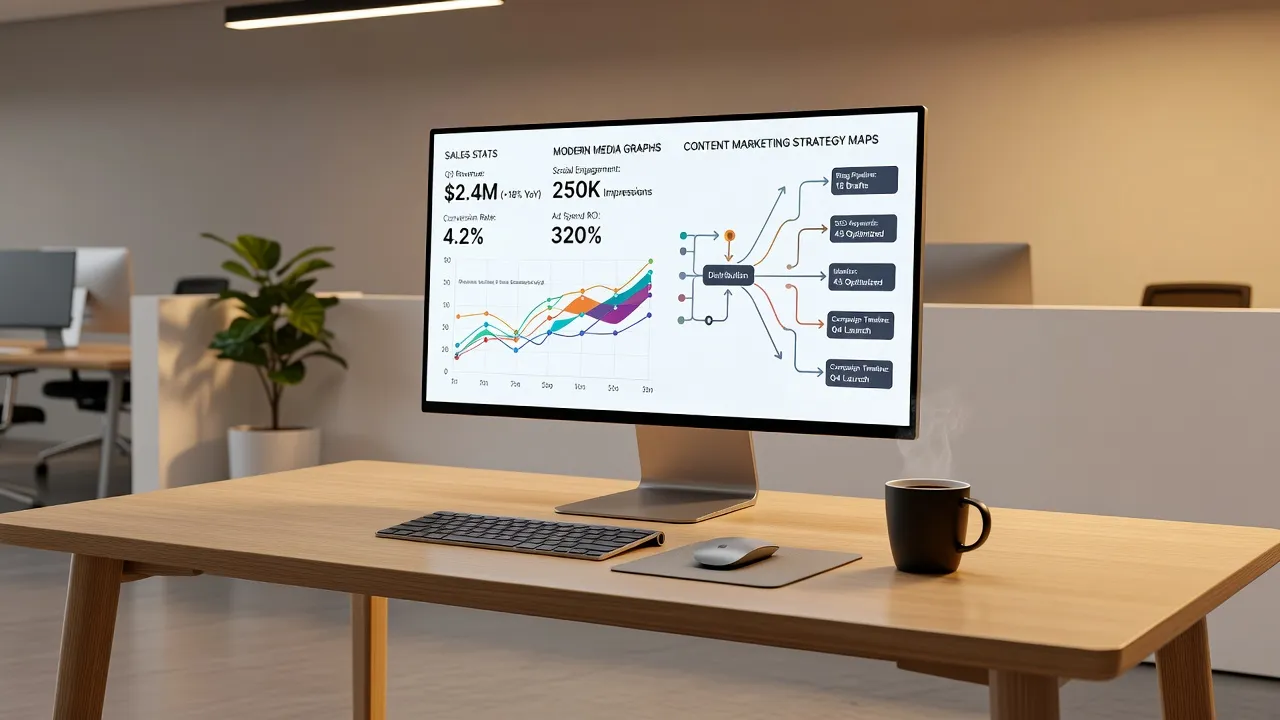 Digital marketing dashboard showing analytics and content strategy workflows on a desktop screen.