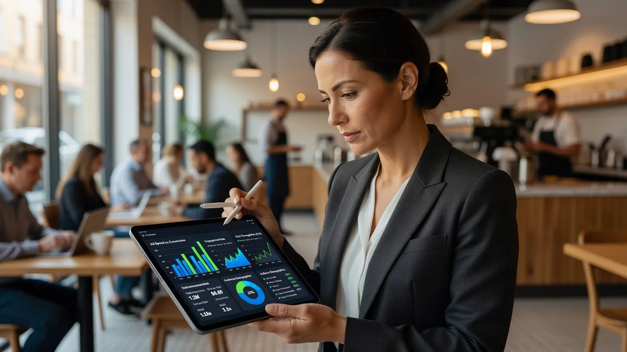 Professional monitoring retargeting ad campaigns on a modern tablet display.