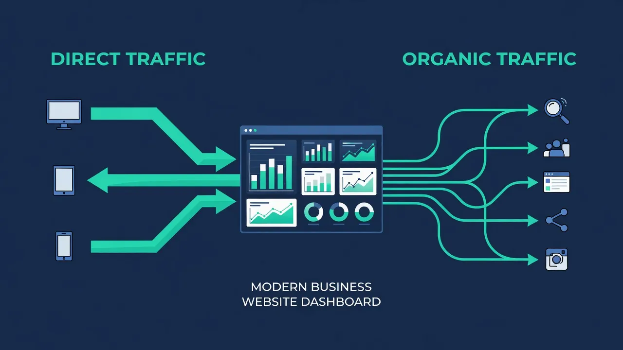 Direct vs organic traffic comparison chart showing user acquisition sources flowing into a website.