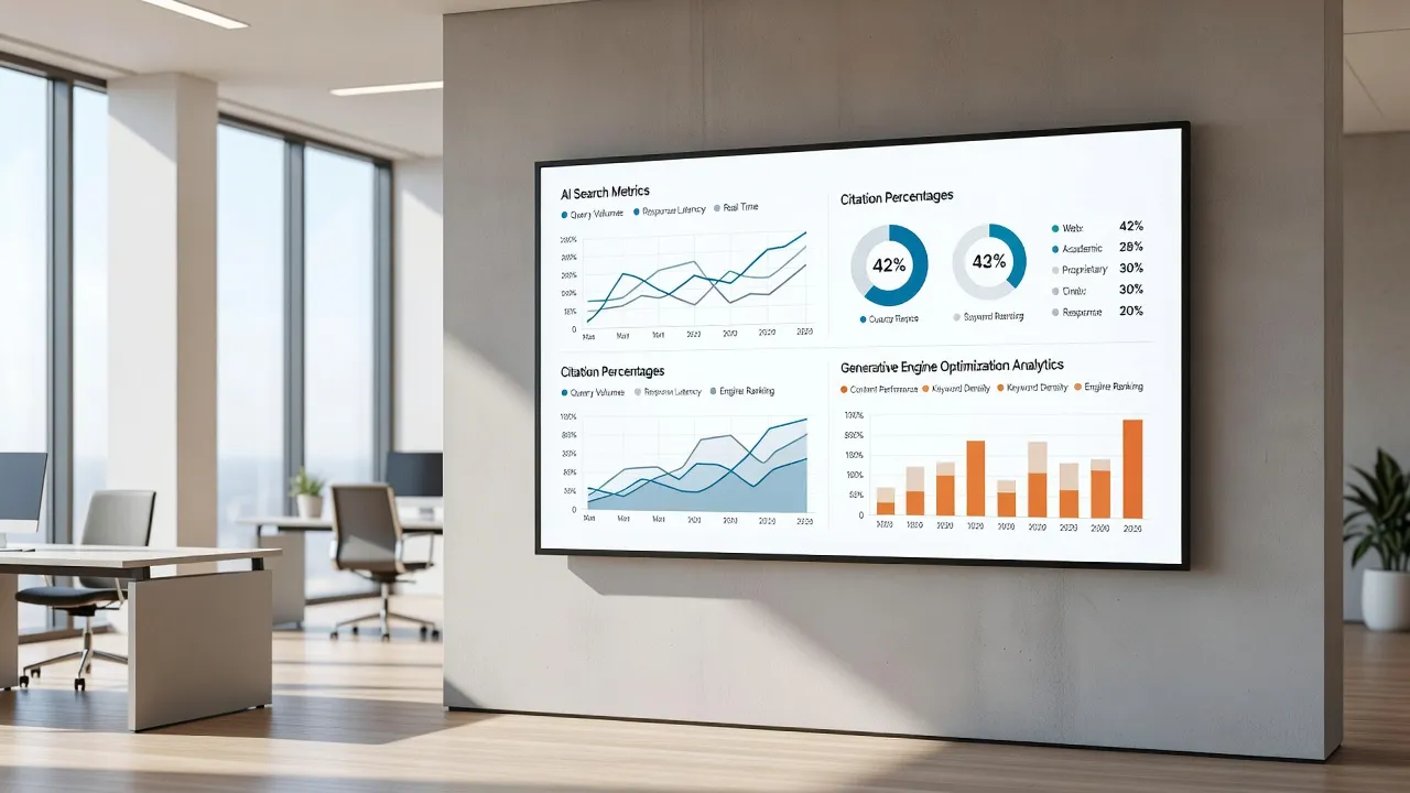 Dashboard screen displaying generative engine optimization performance metrics and AI answer citations.