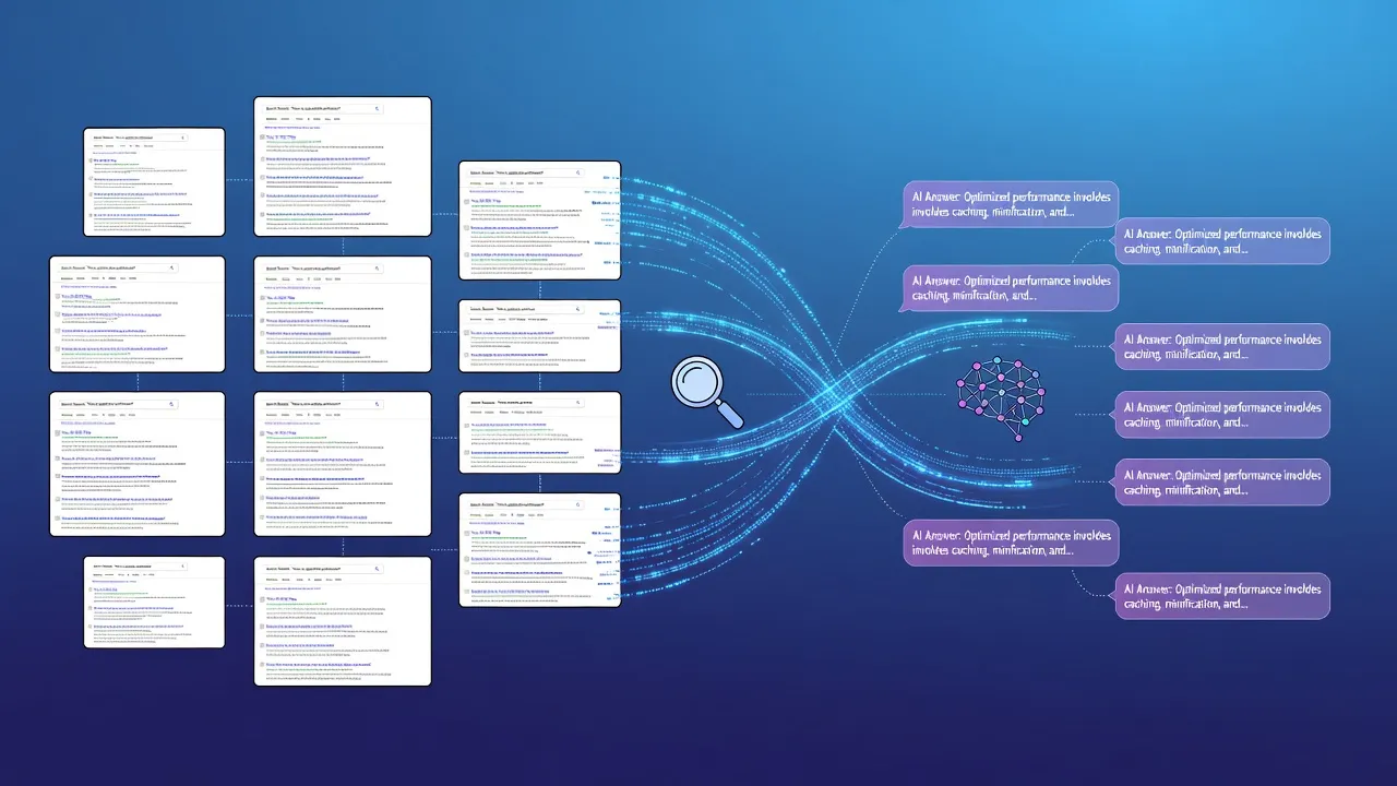 Graphic representing the evolution from traditional SEO search pages to generative AI engine answer summaries.
