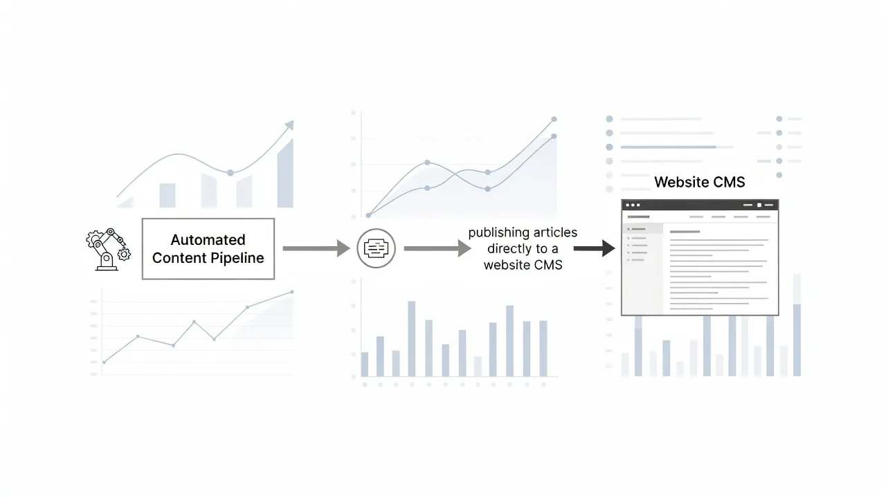 Automated GEO content publishing workflow diagram showing website integration.