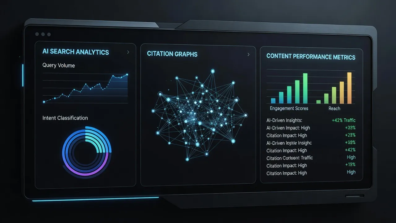 Generative engine optimization tools dashboard tracking AI citations and search performance.