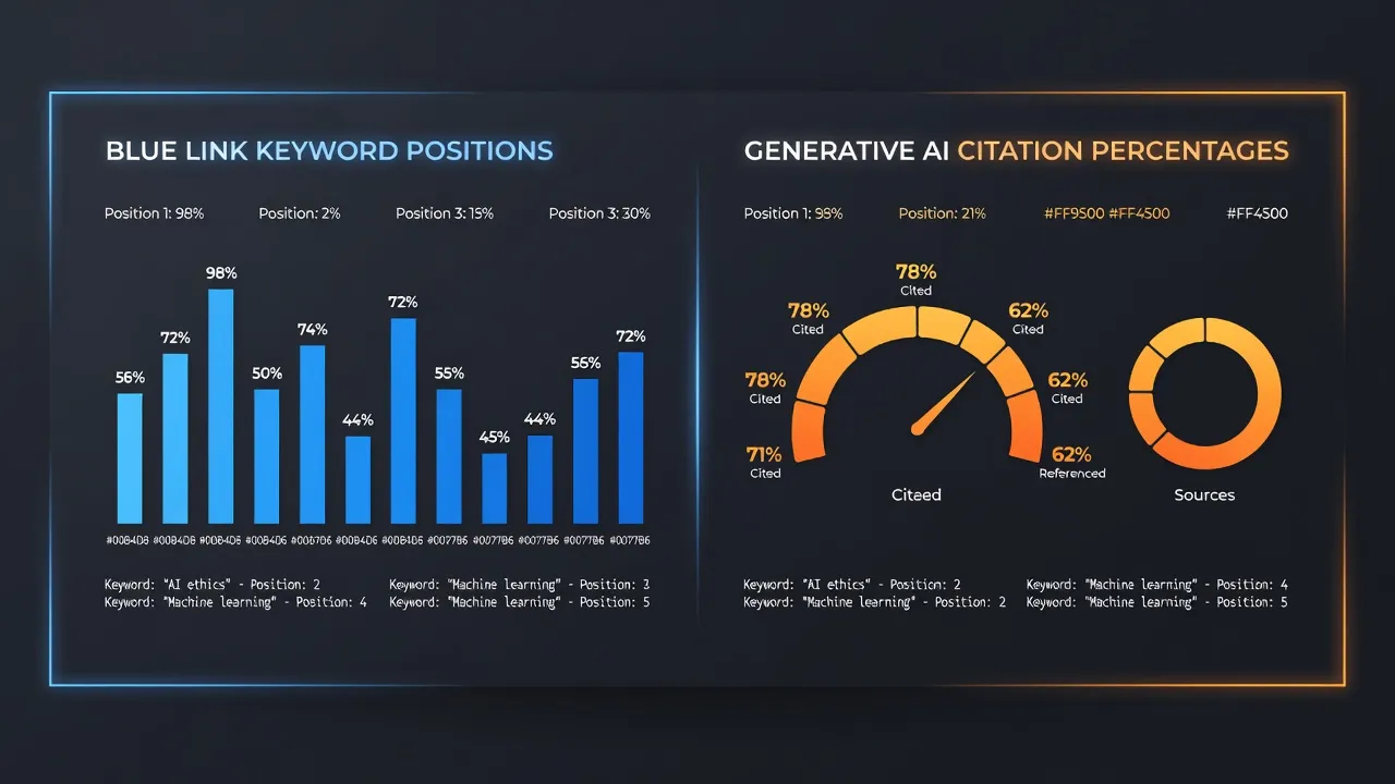Analytics dashboard comparing traditional SEO blue link positions against generative engine optimization citation metrics.