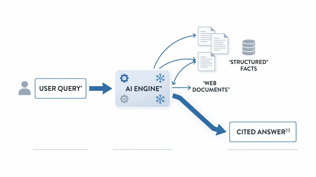 Diagram showing how Retrieval-Augmented Generation pulls web sources into AI answers.