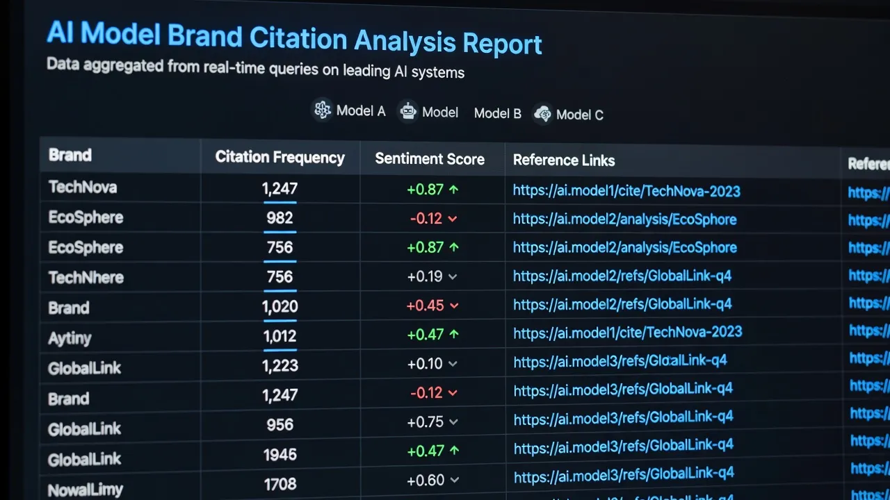 GEO audit report displaying citation metrics and sentiment scores across AI platforms.