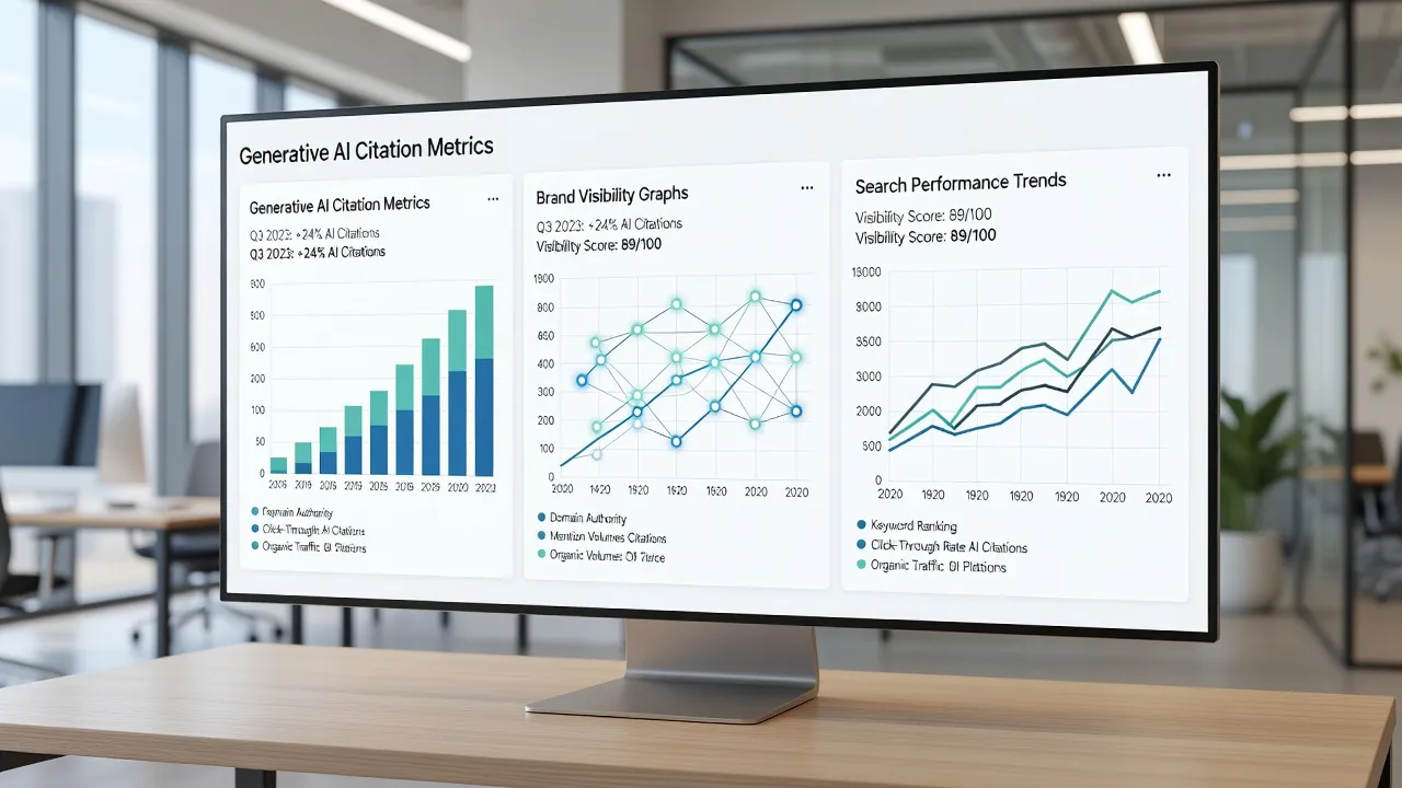 Digital GEO report dashboard displaying AI citation metrics and brand visibility trends for generative engine optimization.