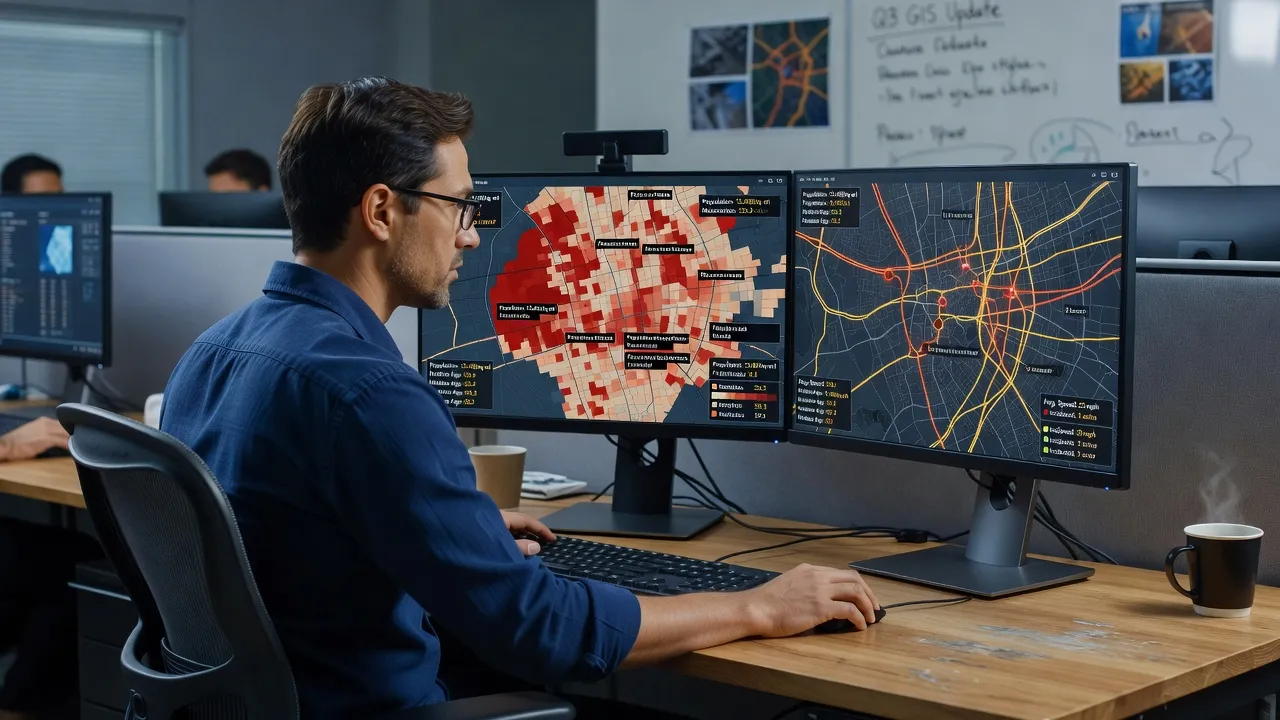 GIS report map interface displaying demographic heatmaps and spatial data overlays for business site selection.
