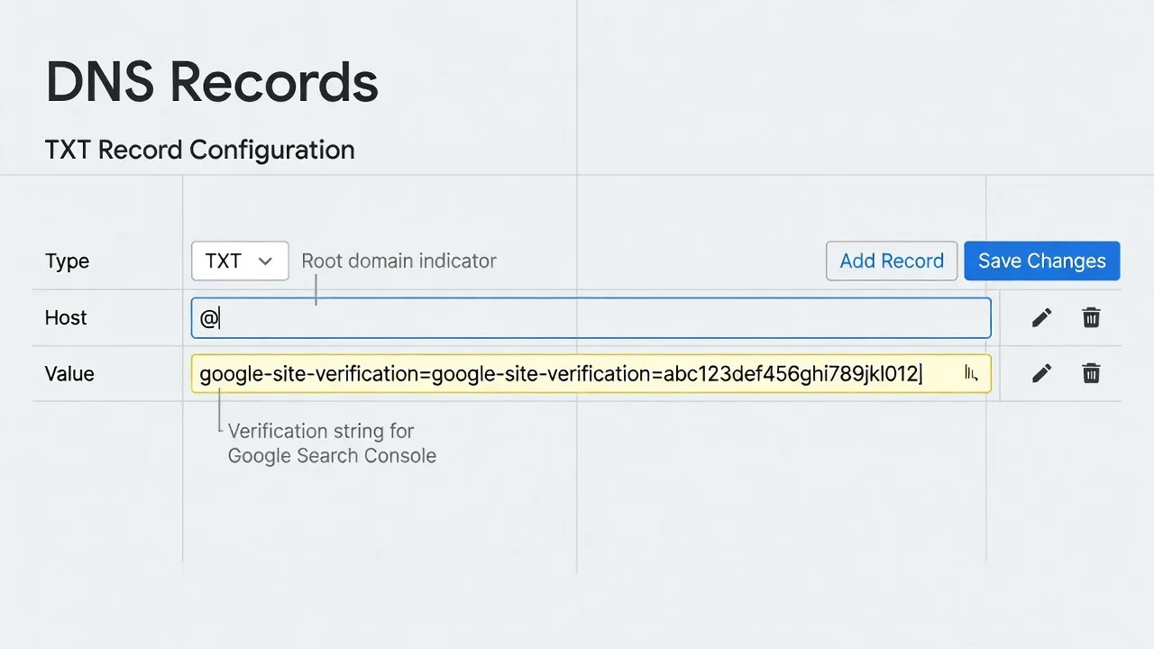 Screenshot showing how to paste a Google Search Console DNS TXT record into DNS management settings.