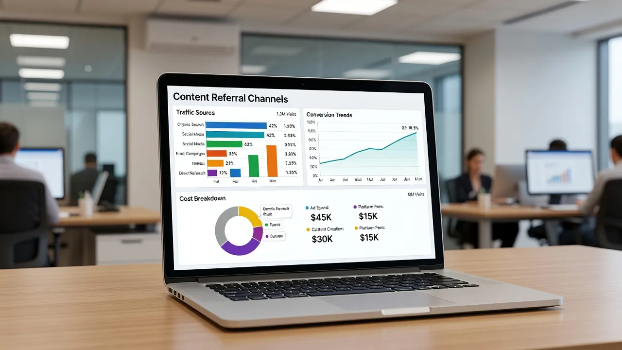 Analytics dashboard showing content distribution channel metrics and traffic sources.