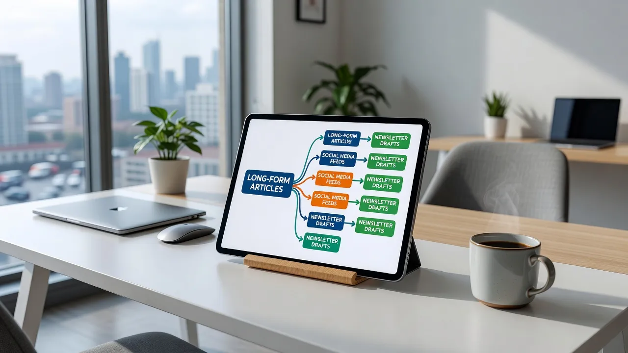 Diagram illustrating AI content repurposing pipeline from blog to social media and newsletters.