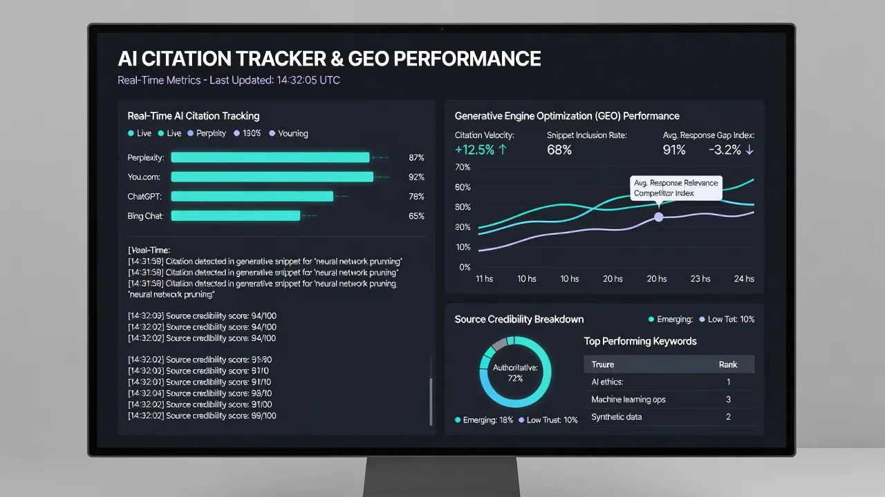 Dashboard screenshot concept displaying AI search visibility analytics and content optimization scores.