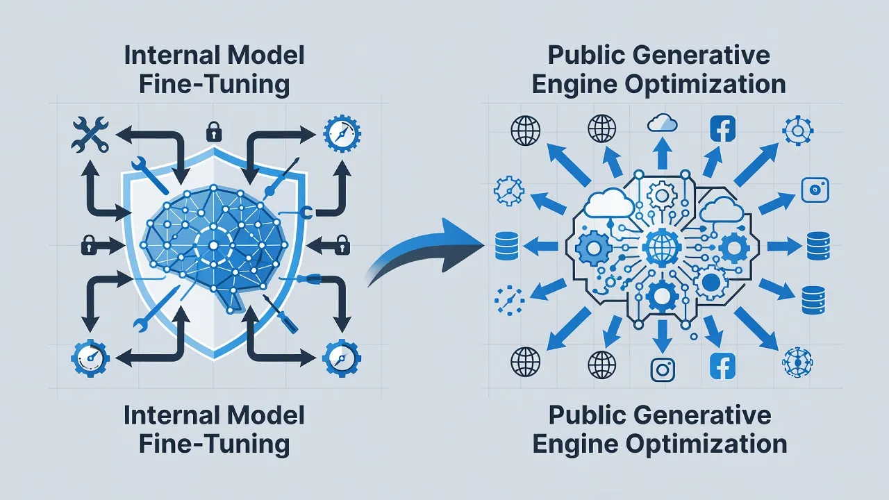 Diagram comparing internal LLM fine-tuning versus public generative engine optimization for brand visibility.