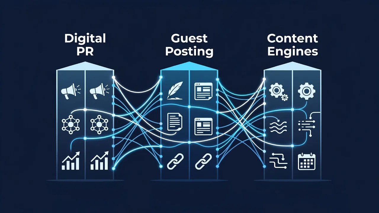 Diagram illustrating the core types of link building packages including guest posting, digital PR, and content authority.