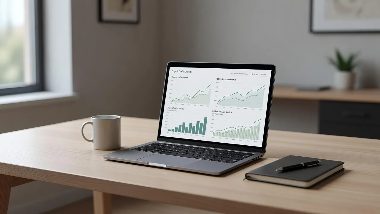 Workspace showcasing digital search performance charts and link building strategy growth.