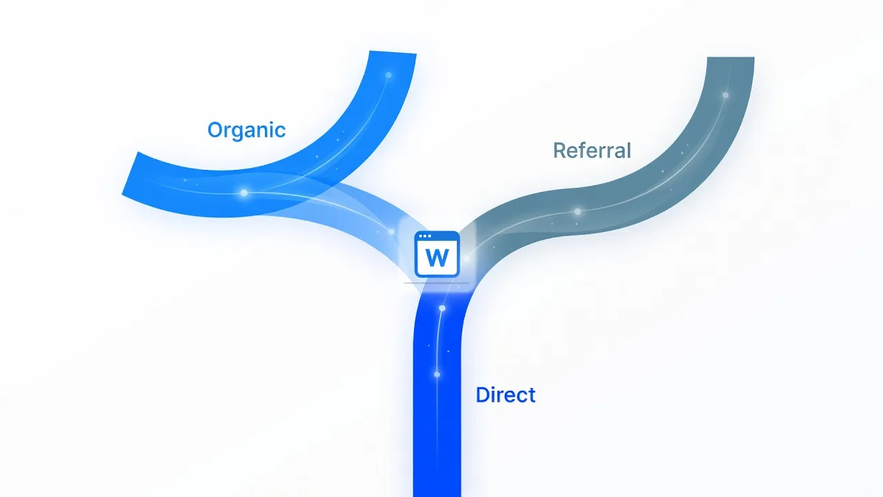 Diagram showing how organic traffic differs from direct, paid, and referral traffic in analytics.