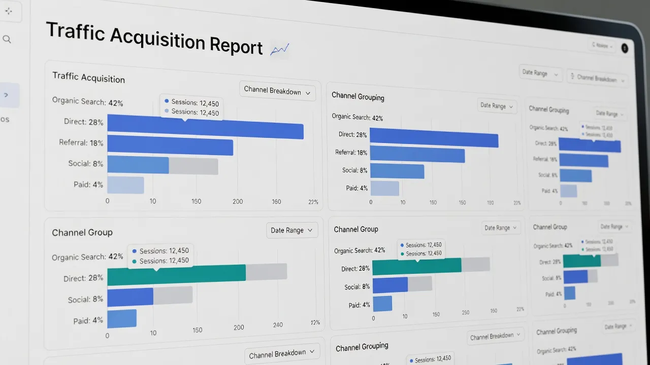 Google Analytics 4 Traffic Acquisition report interface showing organic search channel metrics.