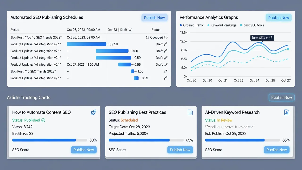 PulseRank platform dashboard showing automated content scheduling and Google Search Console performance metrics.