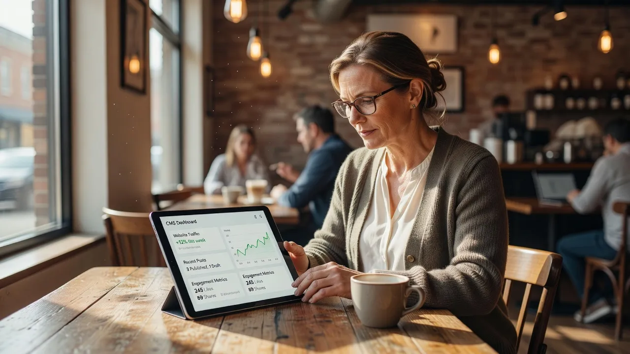 Business owner evaluating software options on a digital tablet.