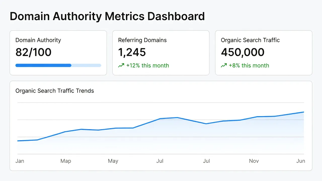 Analytics dashboard monitoring SaaS backlink growth and keyword performance over time.