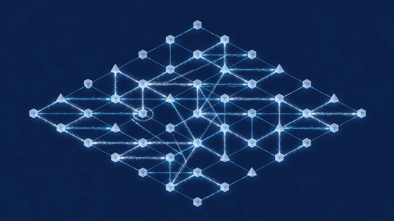 Abstract network graph representing semantic relations and knowledge graph nodes.