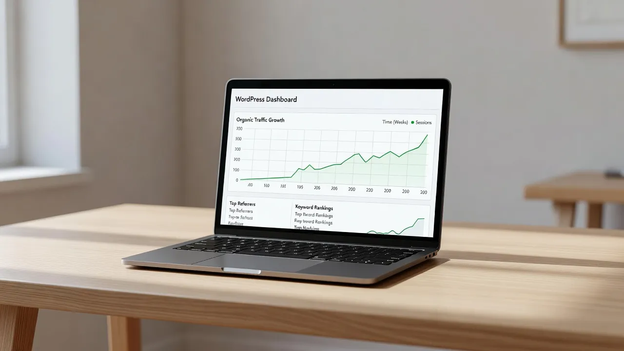 WordPress SEO services dashboard showing organic search analytics and keyword performance graphs.