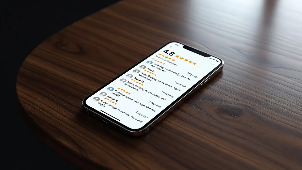 Mobile screen showing customer review ratings and software user feedback for an AI writing app.