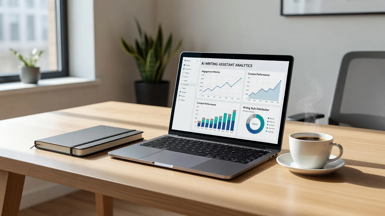 Writeless AI software review displaying dashboard analytics and content generation metrics on a laptop screen.