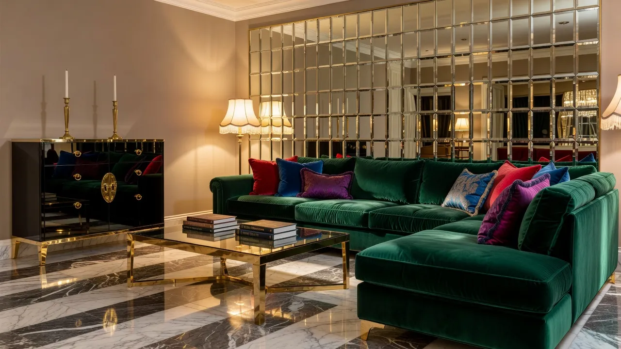 1980s Hollywood Regency revival interior with brass table black lacquer cabinetry and plush velvet seating
