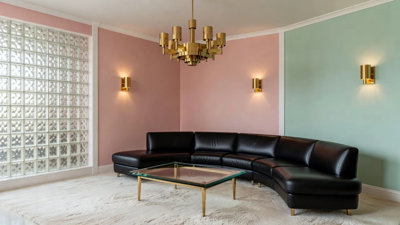 Spacious 1980s postmodern living room with pastel pink accent walls glass block partition and brass framing