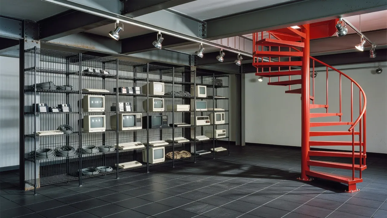 High-tech 1980s interior design featuring exposed steel beams chrome track lighting and wire grid shelving