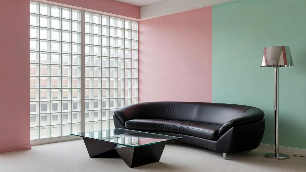 Postmodern 1980s living room interior featuring glass block wall curved furniture and pastel accents