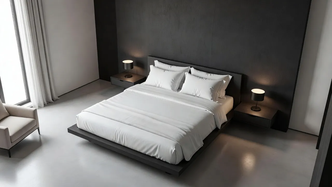 Charcoal gray accent wall behind a king size bed with white linens in a master bedroom.