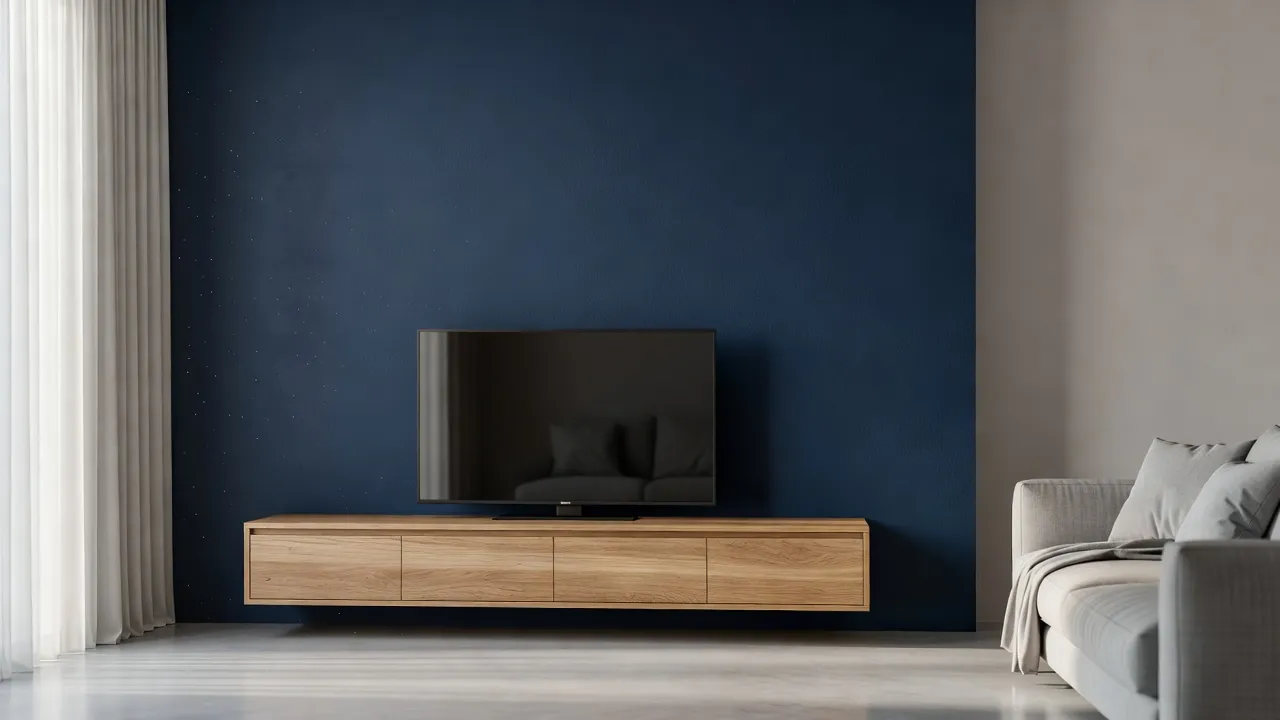 Deep navy blue accent wall in a modern sunlit living room behind light wood furniture.