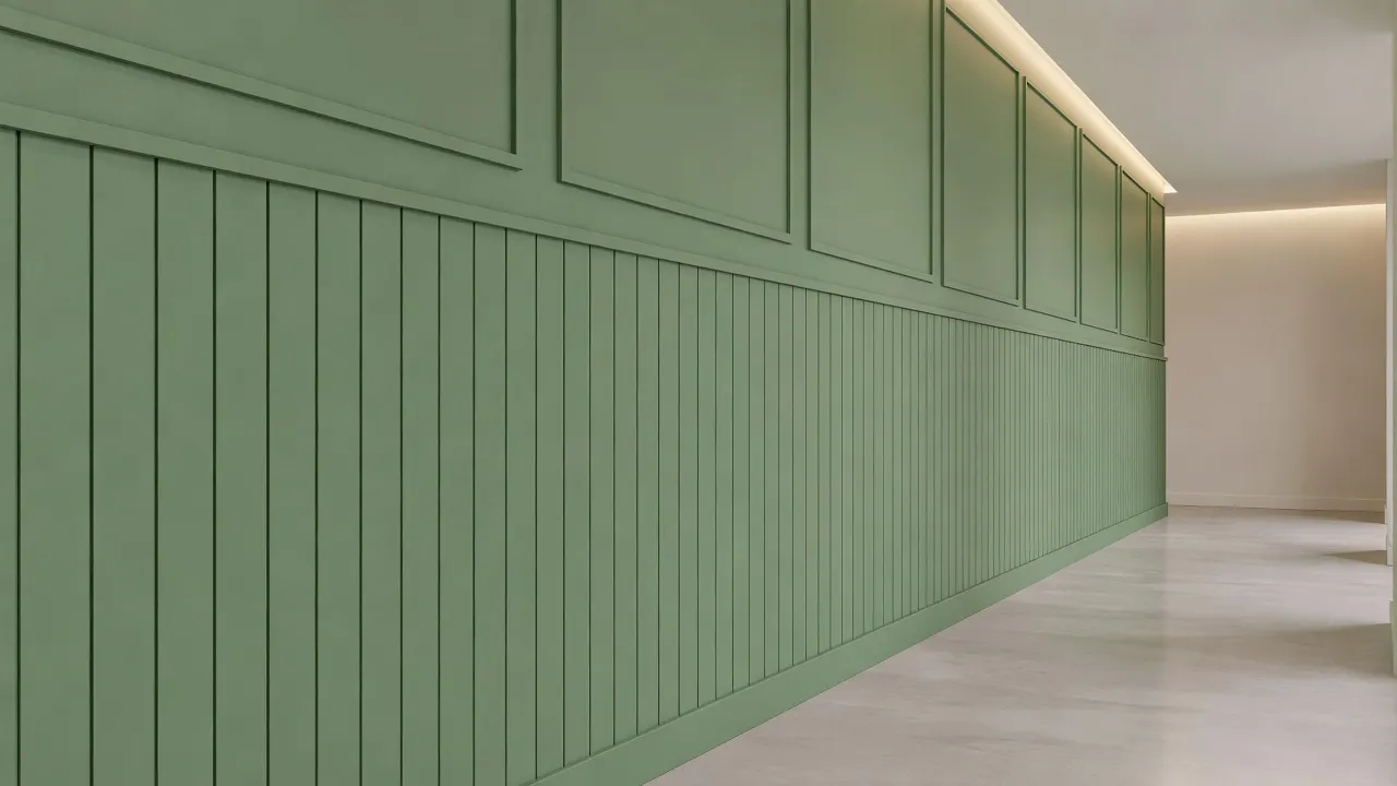 Green board and batten wainscoting accent wall in an eggshell finish along a hallway.