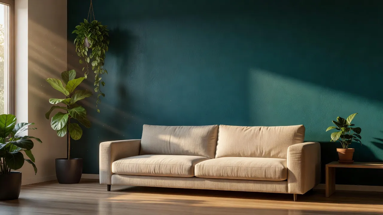 Modern living room with a deep teal accent wall behind a beige sofa and wooden furniture.