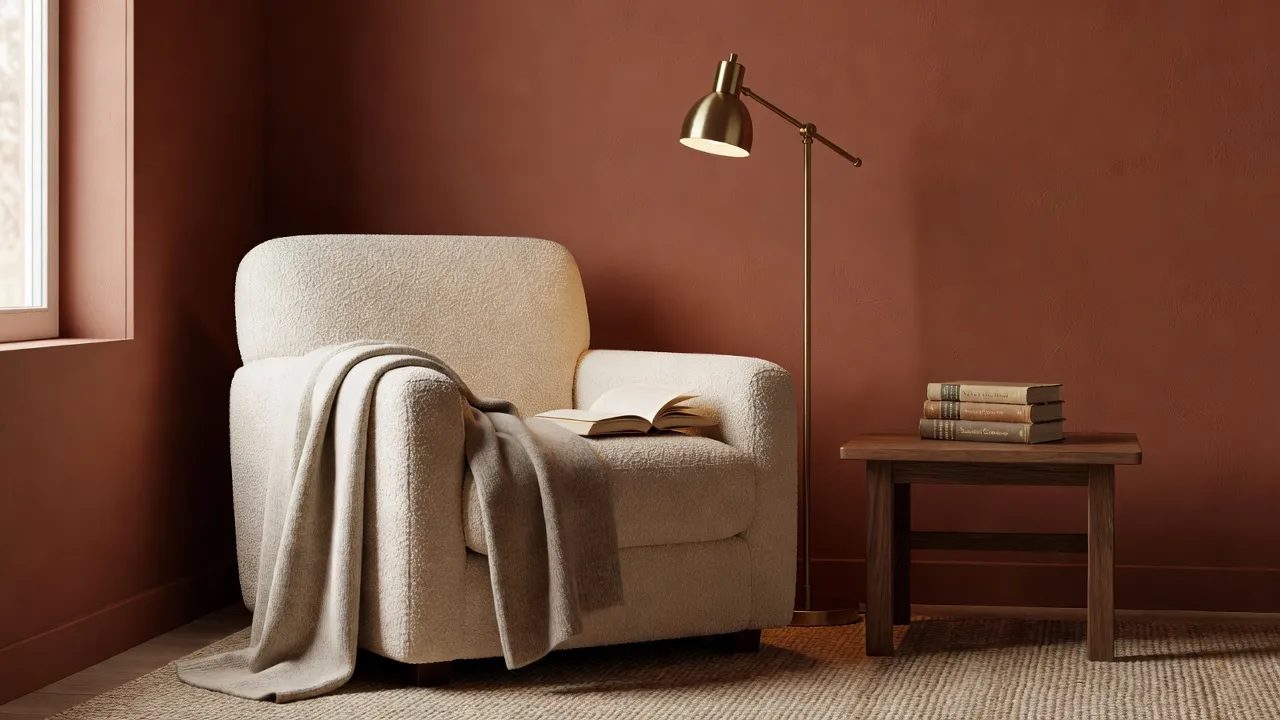 Warm terracotta accent wall in a north-facing living room behind a cream armchair.