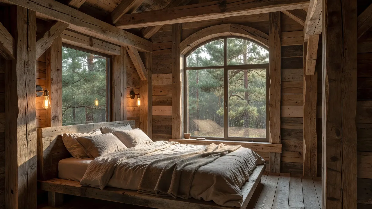 Barn house bedroom design featuring exposed post timber frame and large arched window.