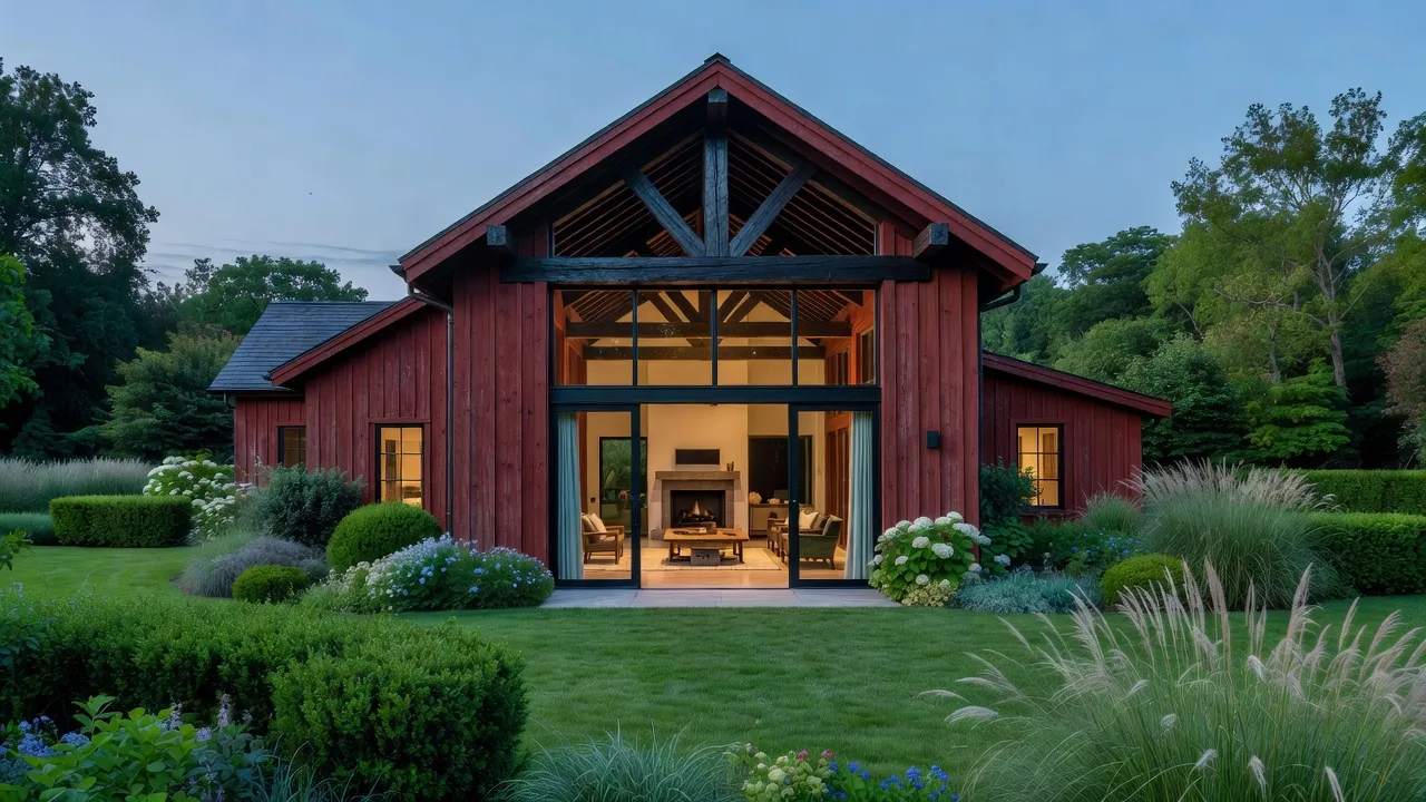 Converted historic red barn house with high glass doors and exposed interior oak beams.