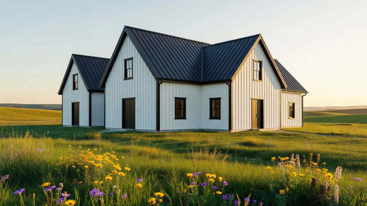 Modern white barn style house with black board and batten siding, metal roof, and large glass windows surrounded by green trees.