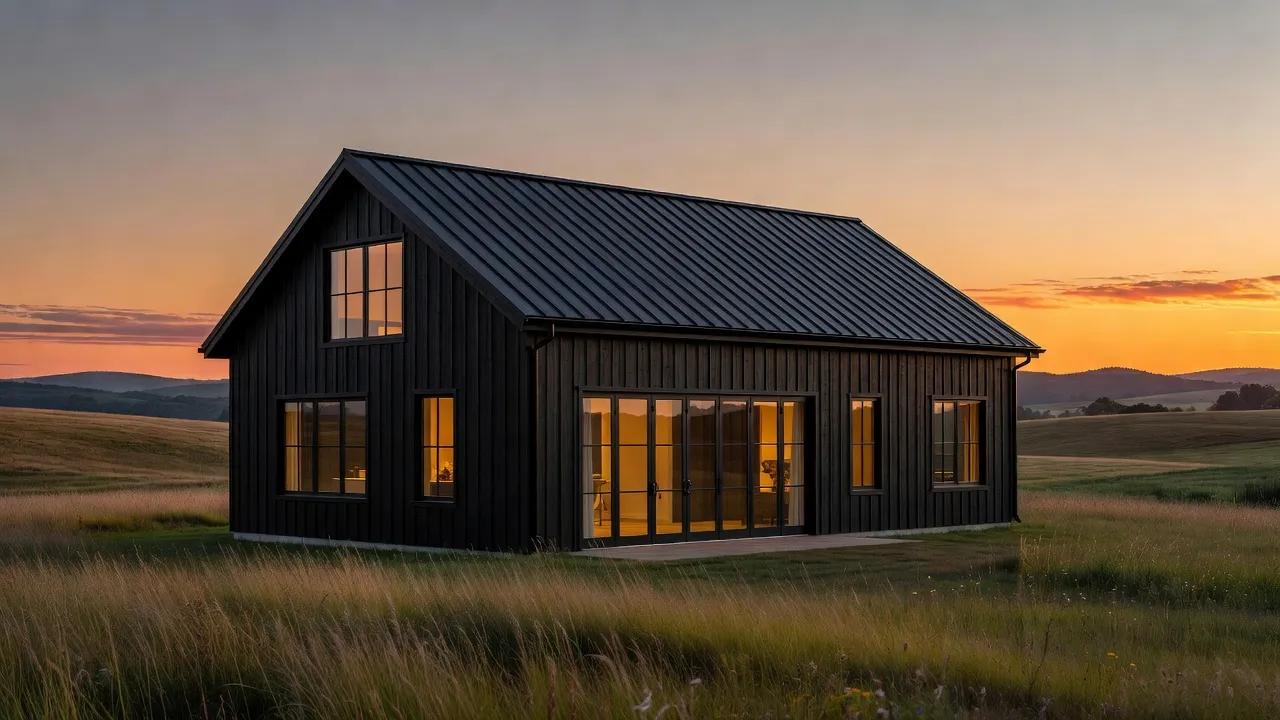 Modern black barn style house with standing seam metal roof and board and batten exterior siding.
