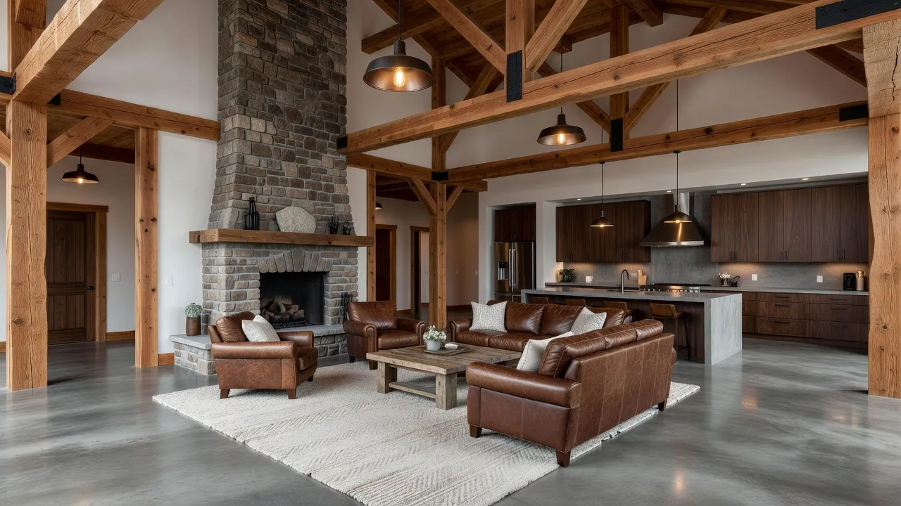 Open concept barn style living room with exposed timber beams and floor-to-ceiling stone fireplace.