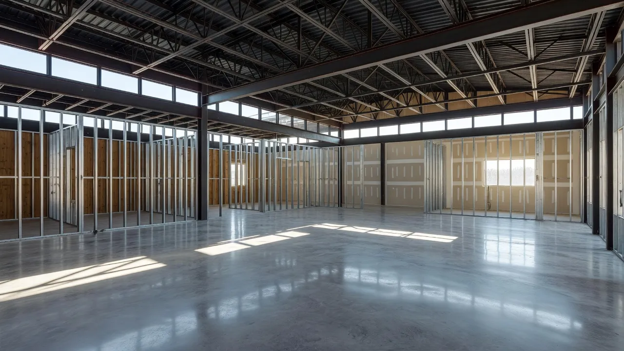 Steel barndominium interior construction featuring polished concrete floors and exposed steel frame trusses.