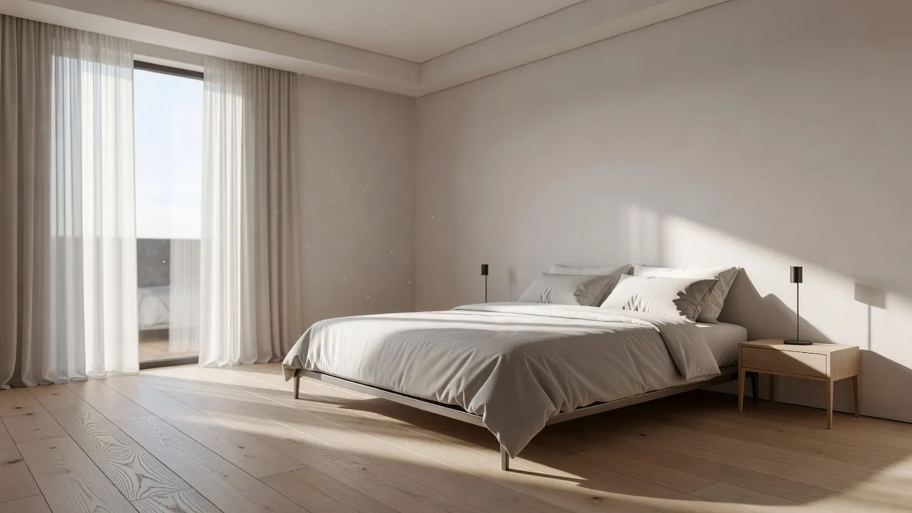 Modern cozy bedroom with light oak hardwood flooring and an accent rug