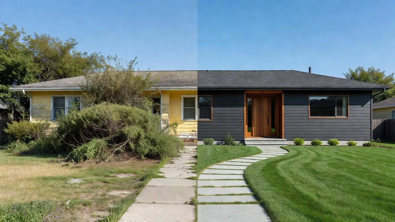Before and after split image of an updated suburban house exterior with dark modern siding and pristine green lawn landscaping.
